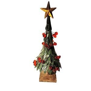 VTG Tabletop Metal Christmas Tree Holly Berries Star Rustic Weighted 14" Green